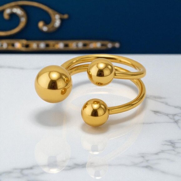 🆕️18K Gold Plated Adjustable Triple Beads Stainless Steel Statement Ring Sz 7 - Picture 7 of 13